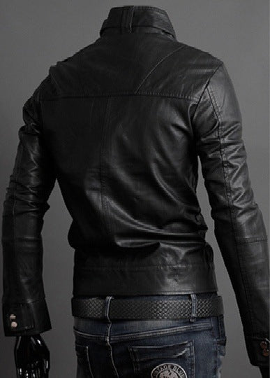 Fashionable Men's Stand Collar Motorcycle Leather Jacket